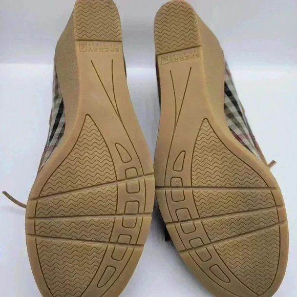 Sperry Top-Sider Wedge Heels Blue Plaid "Goldfish" Size 7.5 M Brown Leather - Picture 4 of 11